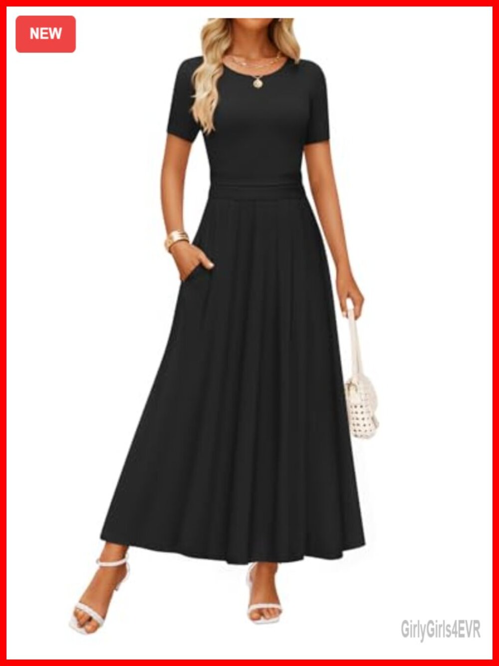 Casual Summer Short Sleeve Maxi Dress with Pockets A-Line High Waist
